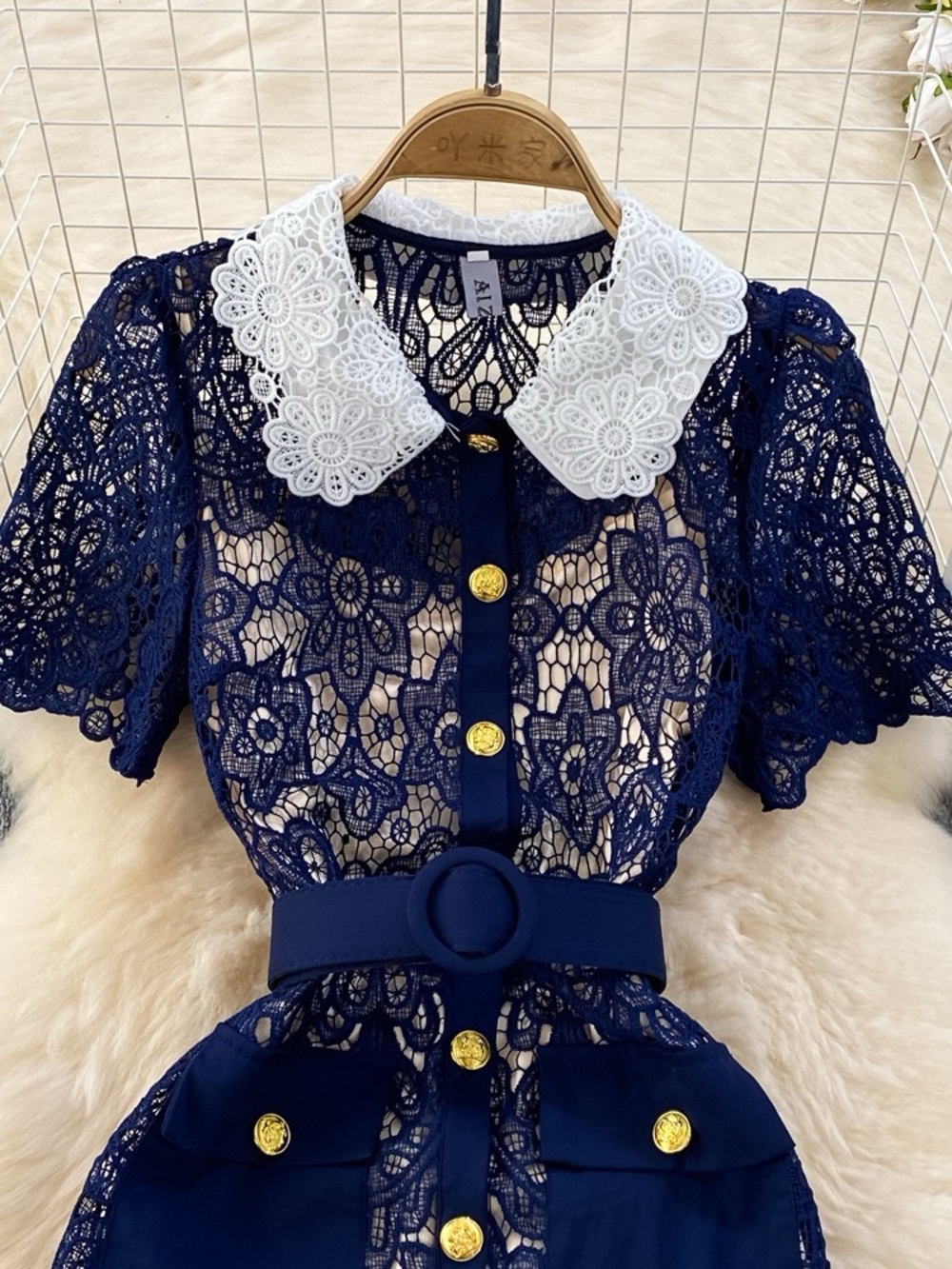 Navy Lace Midi Dress with White Peter Pan Collar - Blue lace gown Dress - Picture 3 of 3